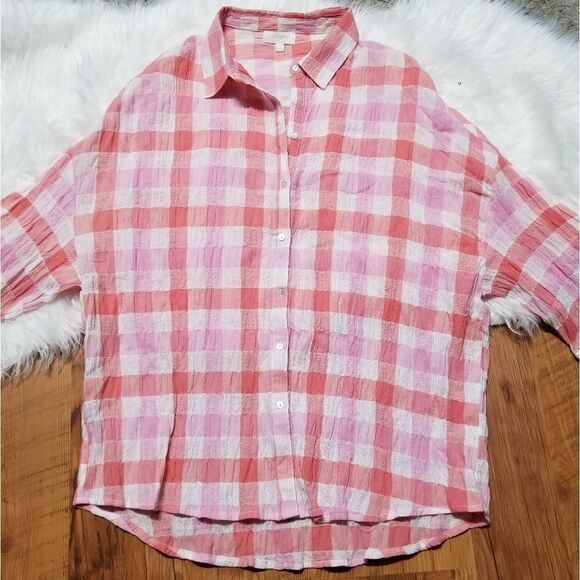 Umgee pink/peach plaid button down shirt - Picture 1 of 5